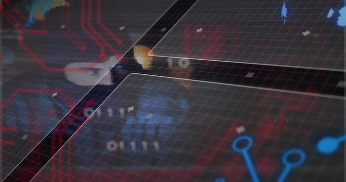 Displaying foreground glass grid panel on UI, showing red traces, blue nodes, binary, ghost icon
