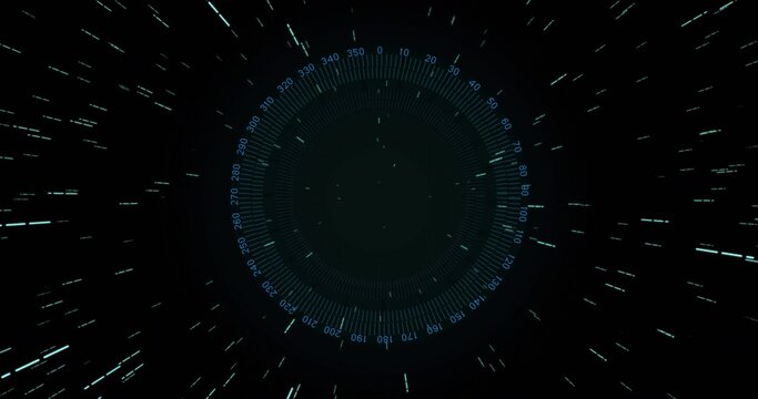 Displaying central HUD with concentric rings and degree ticks in virtual space, with motion streaks