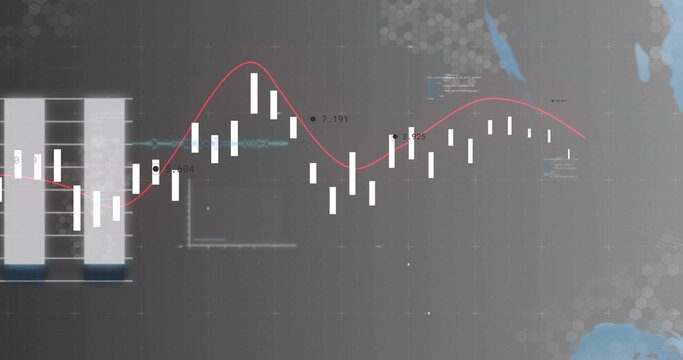 Rendering financial chart with white candlestick bars and red smoothed trend line on dark dashboard