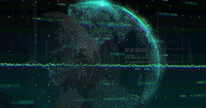 Rotating point-cloud globe pulsing teal and blue particles at monitoring dashboard, with waveform