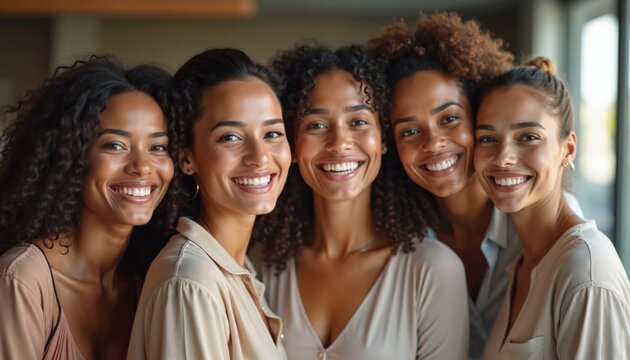 Five smiling women of diverse backgrounds connect, sharing joy, support. Bright smiles, confident expressions show unity, friendship. Image celebrates female solidarity, positive relationships.