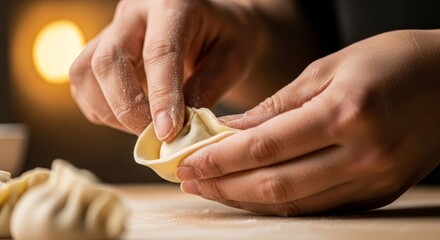 Person shaping dumplings with hands on wooden surface in warm light  
