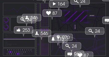 Displaying central notification bubbles over dashboard with heart, thumbs-up, map tiles, counters