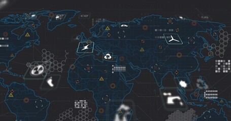 Displaying world map on operations dashboard, marking airplane, lightning, recycle, fan icons