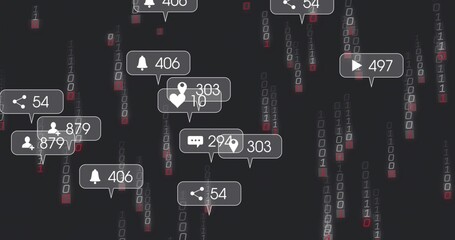 Floating UI notification bubbles over dark binary digits, showing icons counters and red accents