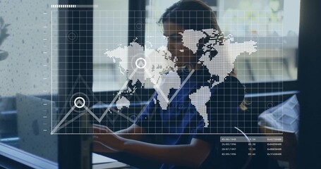 Analyzing businesswoman wearing dark navy blazer reviewing laptop in office, with map overlay