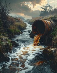 A rusty pipe spews brown liquid into a meandering stream surrounded by vegetation under a cloudy sky