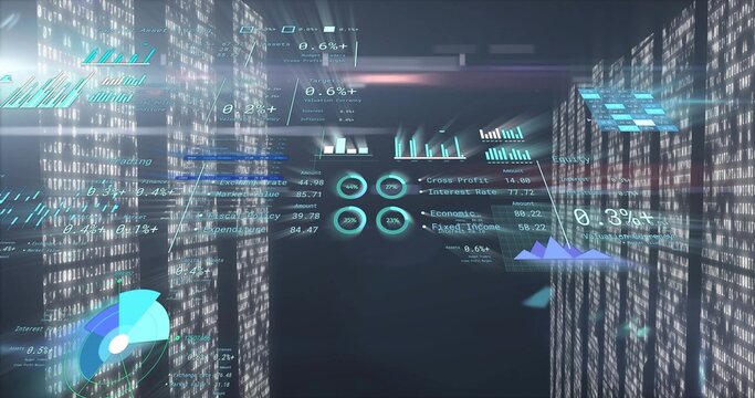 Floating hologram dashboard displaying charts and data in dim corridor, with rack hardware