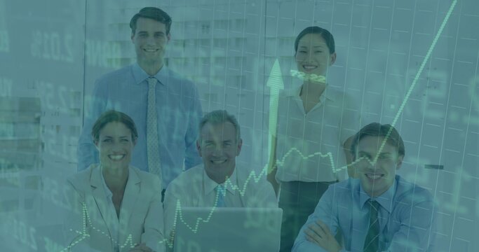 Reviewing market data, five-person team in business attire meeting in office, with laptop and chart