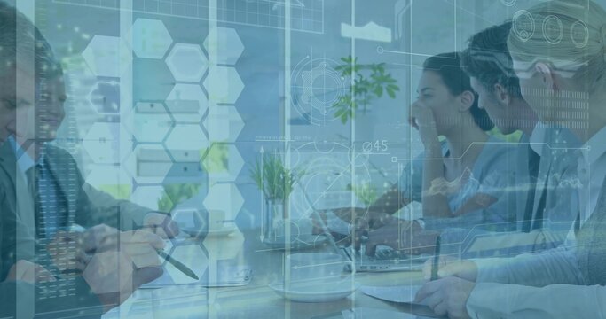Discussing plans five professionals in suits collaborating in conference room with laptops, HUD