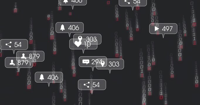 Floating UI notification bubbles over dark binary digits, showing icons counters and red accents