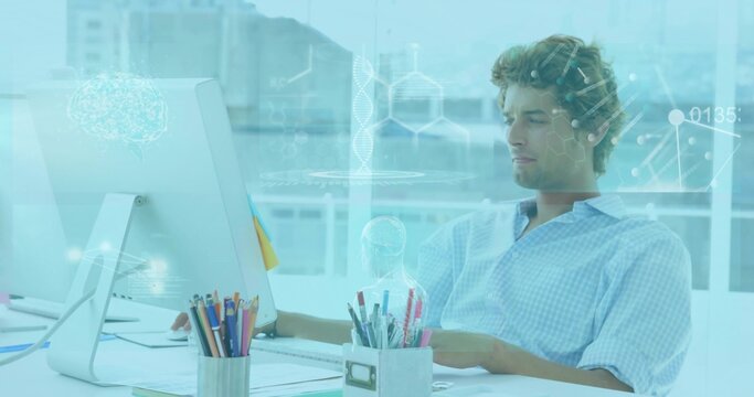 Working adult man wearing light blue checked shirt, headset at white desk, with monitor, copy space