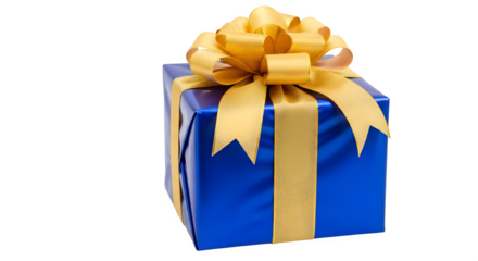 A vibrant blue gift box adorned with a large golden ribbon and bow against a stark black background