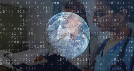 Obraz premium Showing Earth globe over hospital bed, staff in scrubs and coat holding stethoscope, binary overlay