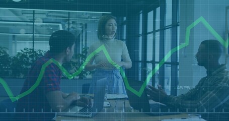 Leading Asian woman with tied jacket directing meeting in office, laptops and green chart overlay