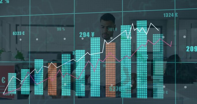 Standing team in suits analyzing data dashboard on glass display at office, with teal orange bars