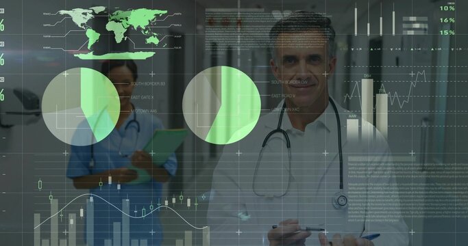 Holding tablet, doctor in white lab coat with stethoscope reviewing data overlay in hospital hall