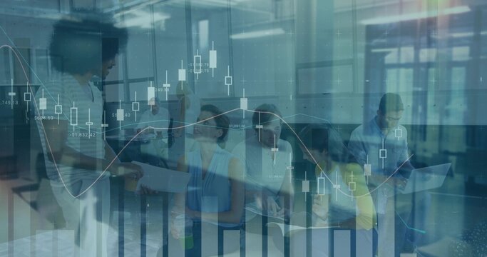 Discussing project, business-casual team reviewing financial charts in office with laptop, papers