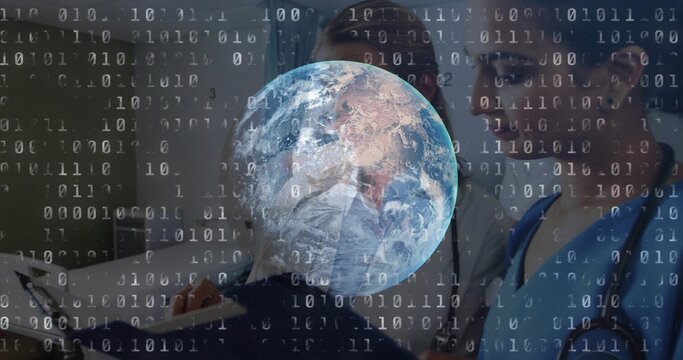 Showing Earth globe over hospital bed, staff in scrubs and coat holding stethoscope, binary overlay - Powered by Adobe