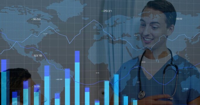 Smiling doctor observing child in clinic, in blue scrubs with stethoscope, data overlay, copy space