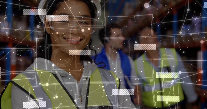 Smiling woman warehouse worker in hi-vis vest and headset checking stock on racks, with AR overlay - Powered by Adobe
