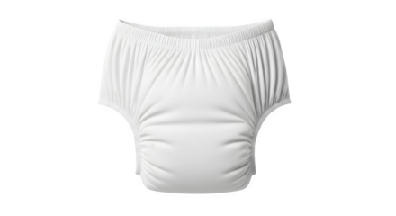 Clean white adult diaper with elastic waistband and leg cuffs isolated on black background
