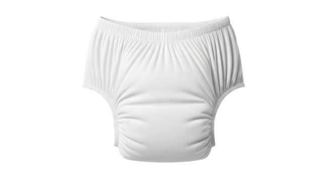 Clean white adult diaper with elastic waistband and leg cuffs isolated on black background