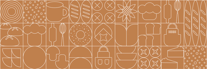 Bread and pastries background. Abstract bakery menu background with line drawing. Geometric pattern bread, croissant, donut. Bakery line pattern.