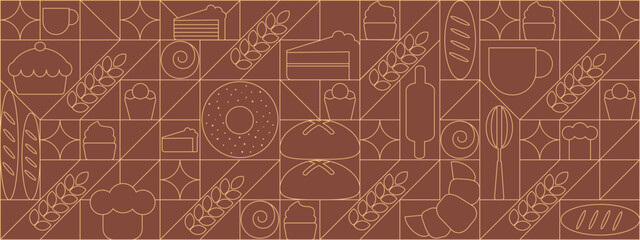 Bread and pastries background. Abstract bakery menu background with line drawing. Geometric pattern bread, croissant, donut. Bakery line pattern.