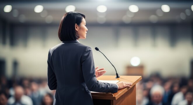 Woman speaker delivering a presentation from behind a podium with a microphone. Public speaking and conference event concept for business.