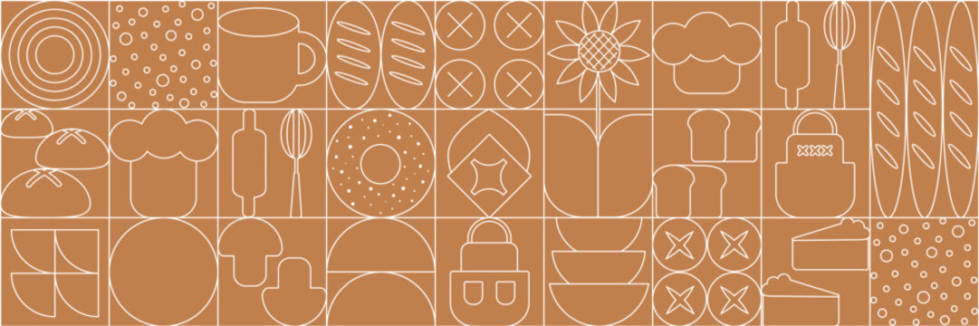 Bread and pastries background. Abstract bakery menu background with line drawing. Geometric pattern bread, croissant, donut. Bakery line pattern.