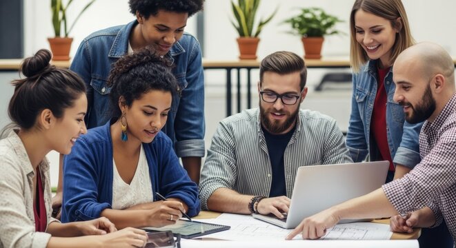 Group of young diverse professionals collaborating on a project in a modern office. Teamwork concept with men and women. Business meeting for discussion.