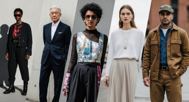 Group of stylish men and women wearing diverse fashion outfits. Street style photography showcasing different generations and modern apparel.