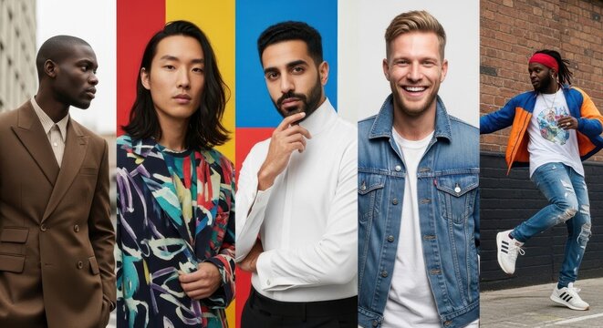 Diverse group of five men standing and posing in different fashionable outfits. Multiethnic fashion and style concept for advertising or lifestyle blog.