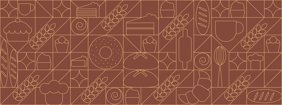 Bread and pastries background. Abstract bakery menu background with line drawing. Geometric pattern bread, croissant, donut. Bakery line pattern.