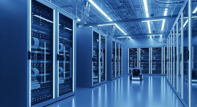 Data center servers stand in rows under bright lights creating a modern technology environment.
