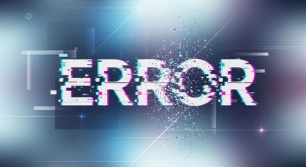 White text error with digital glitch effect and dissolving particles. System failure message. Technology problem, internet connection issue.