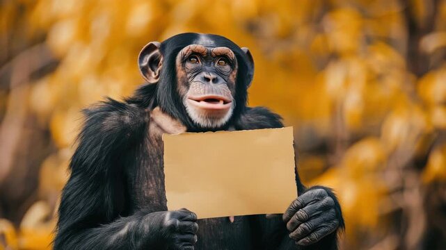 Chimpanzee holding blank sign with orange foliage background