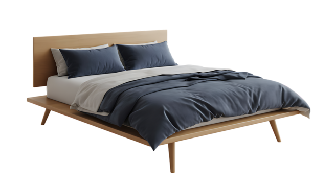 Isolated wooden bed frame, bedroom furniture with blue bedding, simple contemporary design 
 - Powered by Adobe