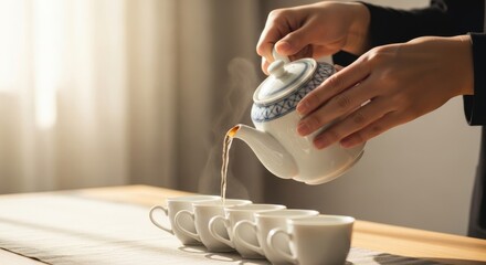 Hands pouring tea from a teapot into several white cups on table
