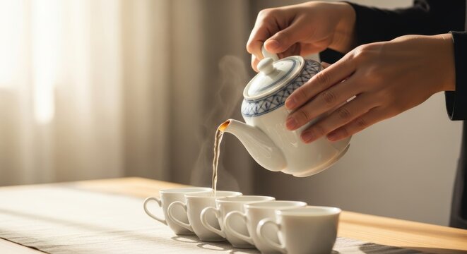 Hands pouring tea from a teapot into several white cups on table   - Powered by Adobe