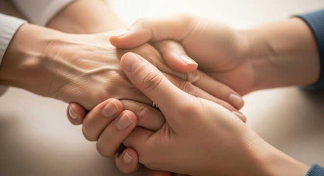 A young womans hand gently holding an older womans hand. Concept of support, care, respect, and compassion. Healthcare and family.