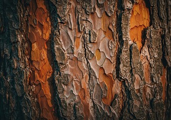A detailed close-up of aged tree bark, showcasing intricate patterns and textures found deep within a vibrant forest environment, bathed in soft, natural light ,organic ,wilderness ,natural beauty