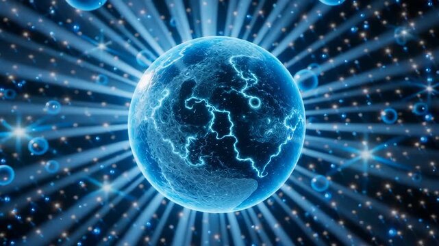 Glowing blue planet surrounded by bright particles and rays of light in a cosmic background