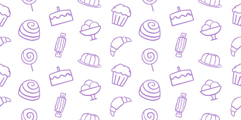 Hand-drawn doodle seamless pastry pattern: cake, cupcake, ice cream, croissant, lollipop, candy, and chocolate. Sketchy line art background for bakery, sweets, dessert shop, celebration, and food
