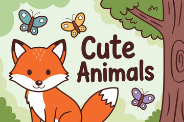 Cartoon fox and butterflies in a forest illustration for children's books and educational resources for kids