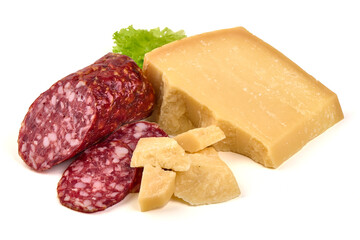 Salami Napoli with Parmesan Cheese, isolated on white background
