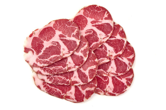 Capocollo cured meat Slices, Isolated on White Background