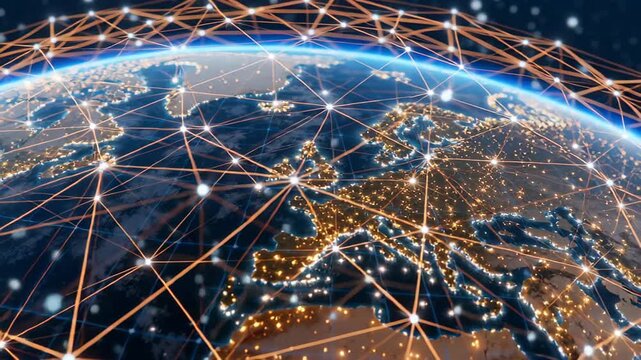 A detailed view of Earth showcasing Europe illuminated at night with interconnected network lines