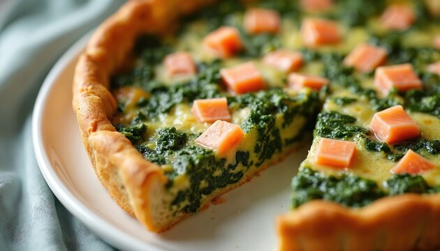 Salmon spinach quiche stands on plate. Savory tart portion has been cut. Close up view. Baked pie is nice dish. Meal idea for restaurant menu. Fresh food for brunch time.